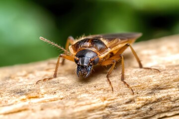 Fototapeta premium Incredible details of a vibrant insect perched on a wooden branch amidst lush greenery