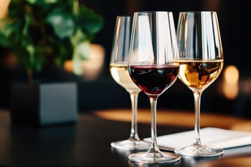 Three elegant wine glasses sit on a dark wooden table while a green plant decorates the background in a stylish dining setting