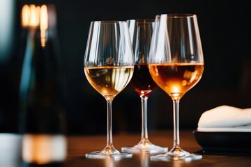 Elegant glasses of wine showcasing a variety of colors and textures in a dimly lit setting ideal for a casual gathering