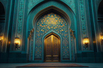 Obraz premium An ornate prayer niche (mihrab) adorned with vibrant tiles and Arabic calligraphy, softly illuminated by glowing lanterns. Islamic 3d background.