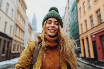 Smiling young woman enjoys a chilly winter day in a vibrant city street with colorful buildings and a green beanie