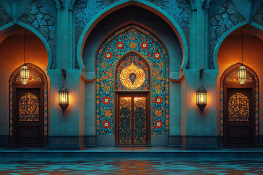 An ornate prayer niche (mihrab) adorned with vibrant tiles and Arabic calligraphy, softly illuminated by glowing lanterns. Islamic 3d background.