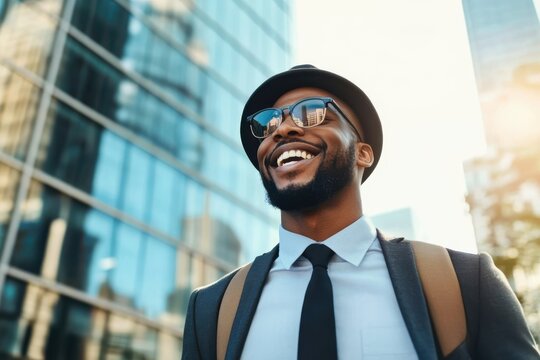Stylish man enjoying the city life with a radiant smile under the bright sun