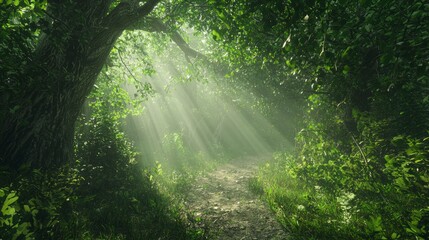 Obraz premium Sunlit Serenity: Hiking Trail in Lush Forest with Illuminated Canopy