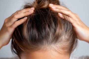 Naklejka premium Looking Skyward as Fingers Glide Through Soft Locks of Brown Hair in a Relaxed Moment of Self-Care