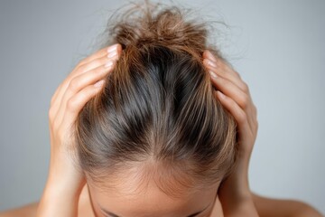 Fototapeta premium Struggling with overwhelming emotions, a woman presses her hands against her head in a quiet moment of reflection and anxiety