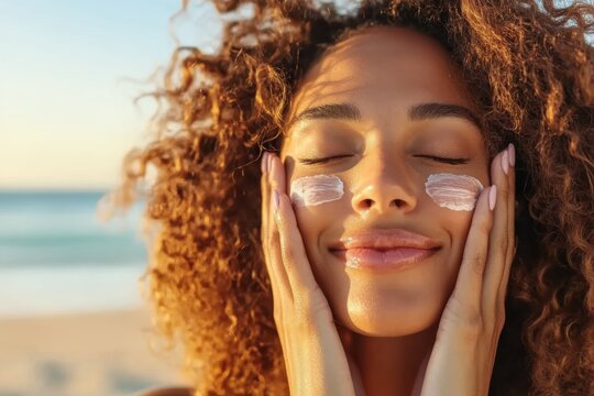 Enjoying a radiant moment at the beach while applying sunscreen under the warm golden sun