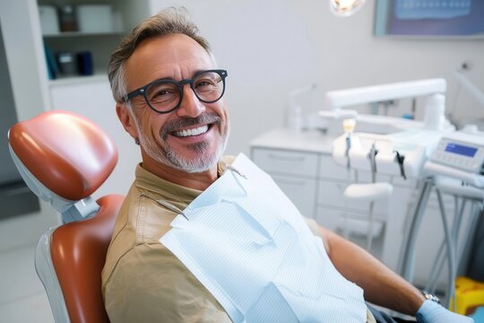 Smiling middle-aged man enjoys his dental checkup in a modern clinic during the daytime - Powered by Adobe