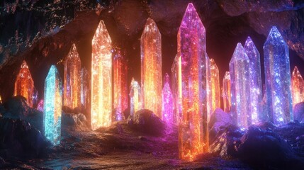 Glowing Crystalline Cave Mesmerizing Subterranean Wonderland of Colorful Geodes and Gemstones  A fantastical underground scene filled with shimmering luminescent crystals stalactites