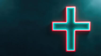 Fototapeta premium Neon Cross Symbol on Dark Background with Glowing Effect