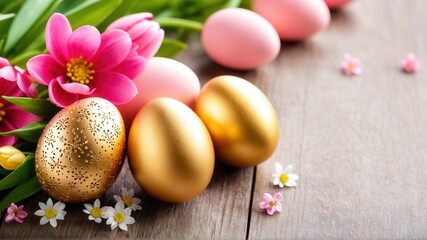 Obraz premium Gold and pink easter eggs with flowers on wooden surface