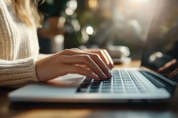 Writing an inspiring story on a laptop with warm sunlight streaming through a cozy workspace during a creative afternoon