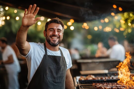 Smiling chef grilling delicious meats at a lively outdoor barbecue party during a warm summer evening