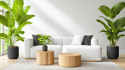 Modern living room with white sofa, wooden tables, and indoor plants. Bright and airy space featuring greenery that enhances decor and creates calming atmosphere