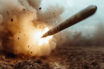 Missile launches into a dramatic explosion over a battle-scarred landscape at dusk