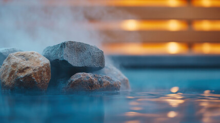 Close up of sauna stones surrounded by steam and water, creating serene atmosphere
