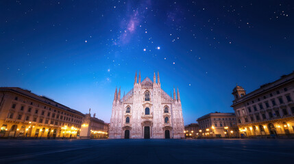 Naklejka premium Majestic Gothic cathedral under starry sky, showcasing intricate architecture and serene ambiance