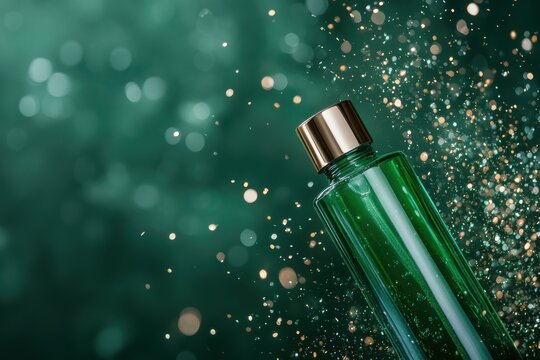 Sparkling green elixir bottle surrounded by shimmering particles creates an enchanting ambiance