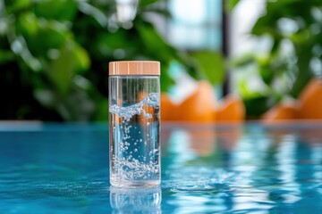 Clear glass bottle filled with sparkling water glimmers in sunlight by a tranquil poolside oasis surrounded by lush greenery