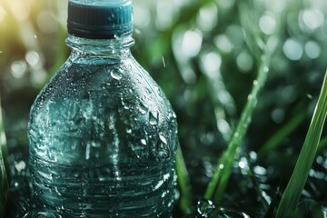 Captivating water bottle resting amongst fresh green grass covered in droplets