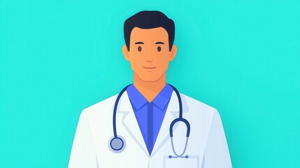 Fototapeta premium Friendly Male Doctor Wearing White Coat with Stethoscope on Green Background