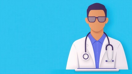 Fototapeta premium Professional Male Doctor in White Coat with Stethoscope on Blue Background