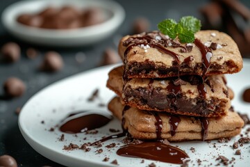 Delightful chocolate chip dessert bars drizzled with rich chocolate sauce and garnished with fresh mint