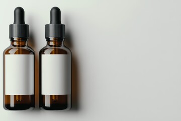Stylish amber dropper bottles ready for essential oils or herbal tinctures on a minimalist backdrop