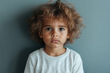Naklejka premium Curious child with tousled hair gazing thoughtfully at the camera against a muted backdrop