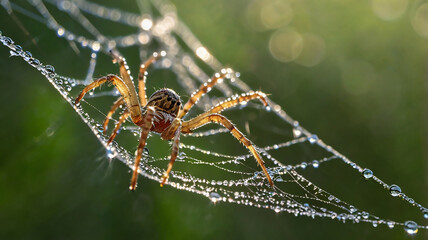 Fototapeta premium Dew-Kissed Spider: A Macro Photography Masterpiece