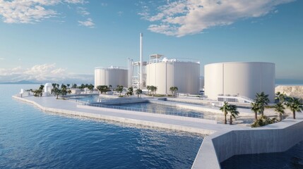 Obraz premium Futuristic Renewable Energy-Powered Desalination Plant with Sustainable Design 3D Render Digital Artwork