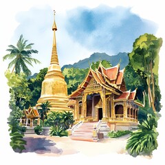 Fototapeta premium Traditional temple watercolor concept. 