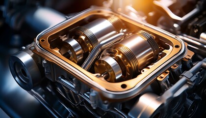 a close up shot of the engine showing intricate details and shiny metal surfaces illuminated by soft diffused light creating a dynamic and powerful atmosphere
