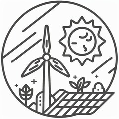 Wind Turbine, Sun, and Solar Panels: A Clean Energy Line Art Design