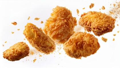 golden crispy chicken nuggets in mid air with flying crumbs against white background
