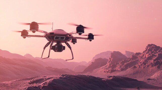 Future of Space Exploration: Exoplanet Survey Drone Capturing Breathtaking Alien Landscapes in High Resolution 3D Render Artwork
