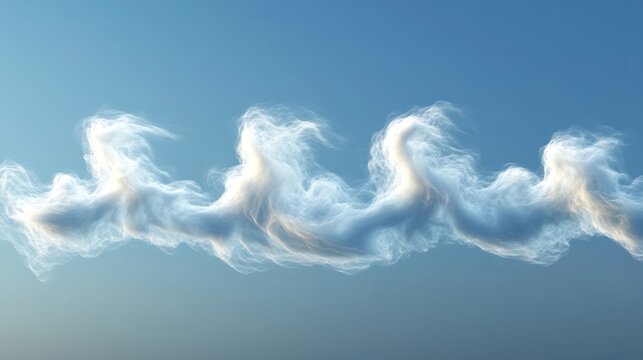 Swirling and ethereal cloud formations dance through the bright blue sky creating a delicate and peaceful atmospheric scene  The wispy billowing clouds draw the eye upwards