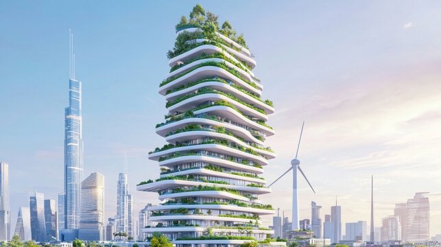 Sustainable Skyscraper of Tomorrow: Green Energy Revolution in Urban Landscape - Ultra-Detailed 3D Render