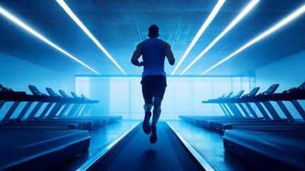A lone male runner training intensely on a treadmill in a modern gym illuminated with cool blue lighting, emphasizing motivation and fitness in a vibrant atmosphere.