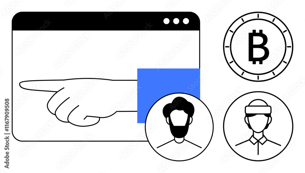 Aufkleber hand pointing from web browser window towards bitcoin symbol and two user icons with different hairs