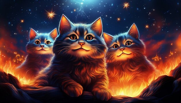 a playful yet eerie humorous constellation of cats bathed in fiery flames under a starry sky national humor month concept