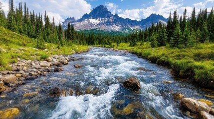 Serene Mountain River Flowing Through Lush Green Wilderness