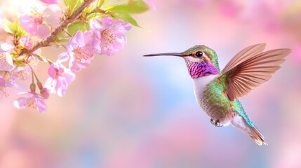 Fototapeta premium Vibrant hummingbird hovering near cherry blossoms in springtime serenity
