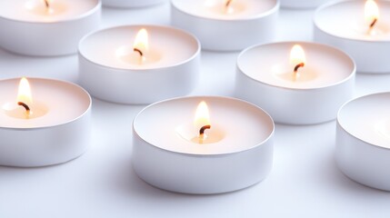 Lit tealight candles in soft focus creating a warm glow