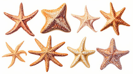 Starfish set isolated on transparent background, various angles and types of starfish sea creatures. Starshade. Illustration