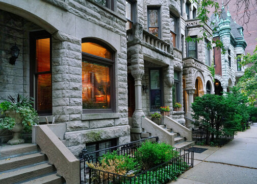 Chicago Gold Coast area, 19th century stone townhouses.
