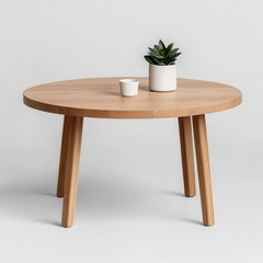Modern Round Wooden Table with Minimalist Design and Plant Accent