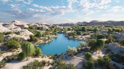 Nanobot-Created Desert Oasis: Engineering Resilience and Restored Life in Tranquil Blue Lake Setting