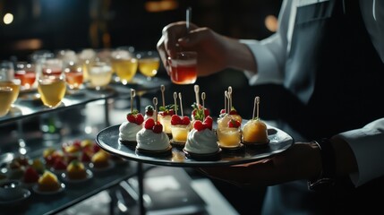 Elegant Dessert Platter at a Luxurious Event: A Waiter Carefully Arranges Gourmet Mini Cakes and Fruit Jellies