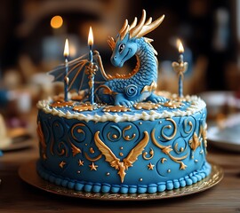 Blue dragon birthday cake with candles.